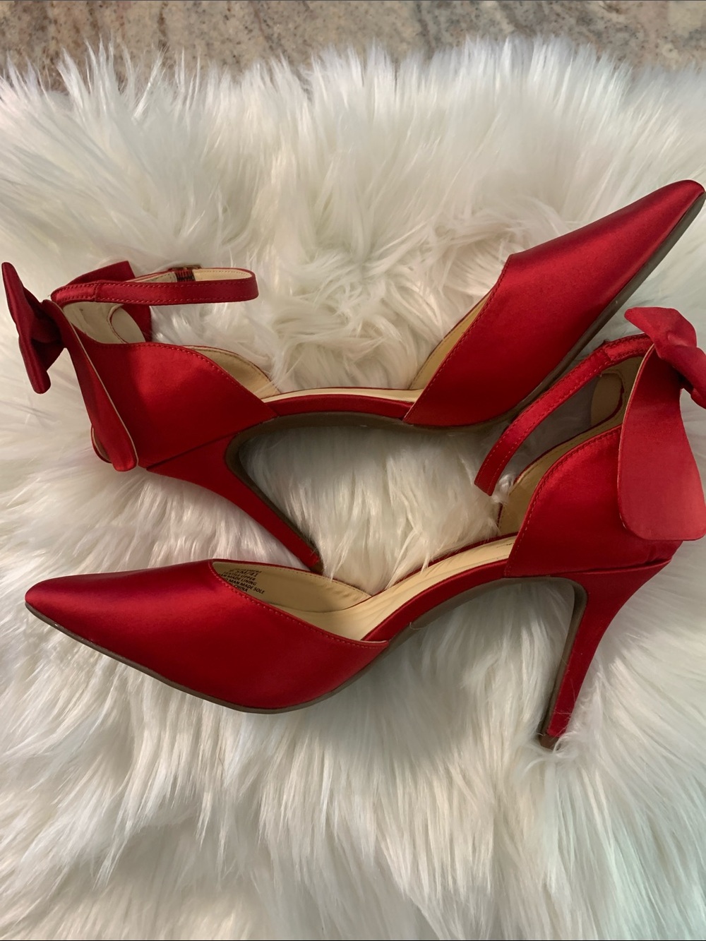 Red Satin Pointed-Toe Ankle-Strap Heels with Bow Accent by Jessica Simpson 9.5M - Picture 5 of 10
